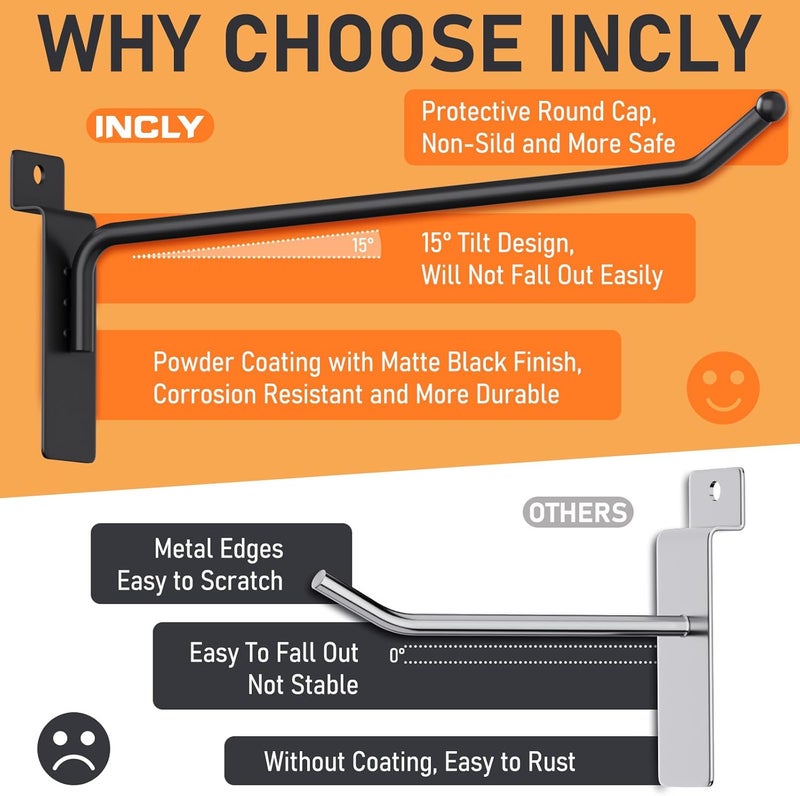 INCLY 60 Pack Slatwall Hooks, 4/6/8 Inch Heavy Duty Black Slat Wall Hanging Hook and Hanger, Slatwall Panel Accessories Assortment Display Hooks for Garages, Sheds, Basements, Retail Stores - Image 2